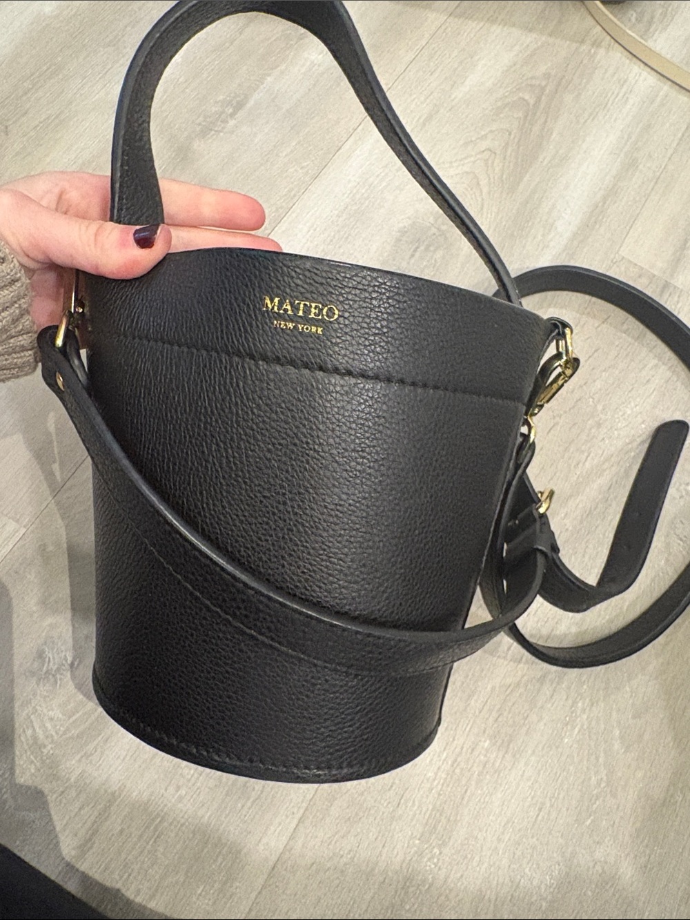 Mateo New York Black Pebbled Leather Bucket Crossbody